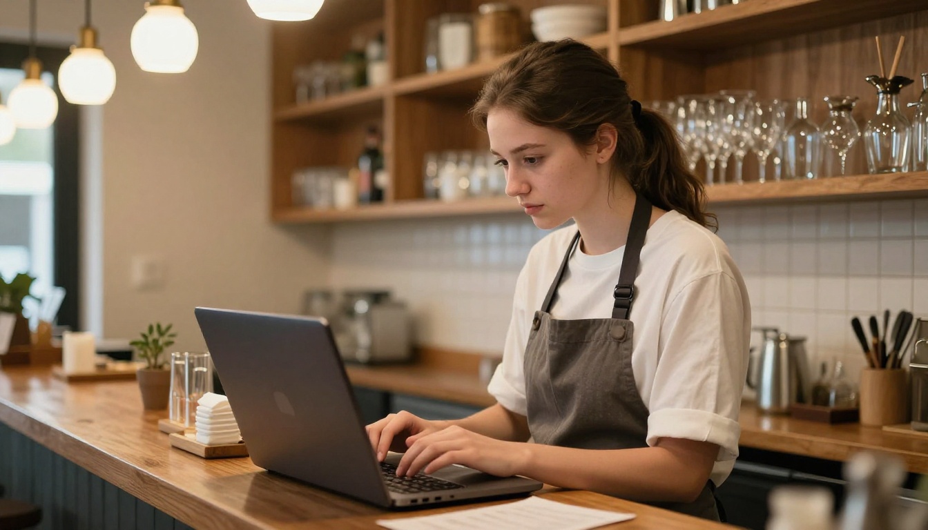 Restaurant owner in an apron reviewing a digital menu on a laptop