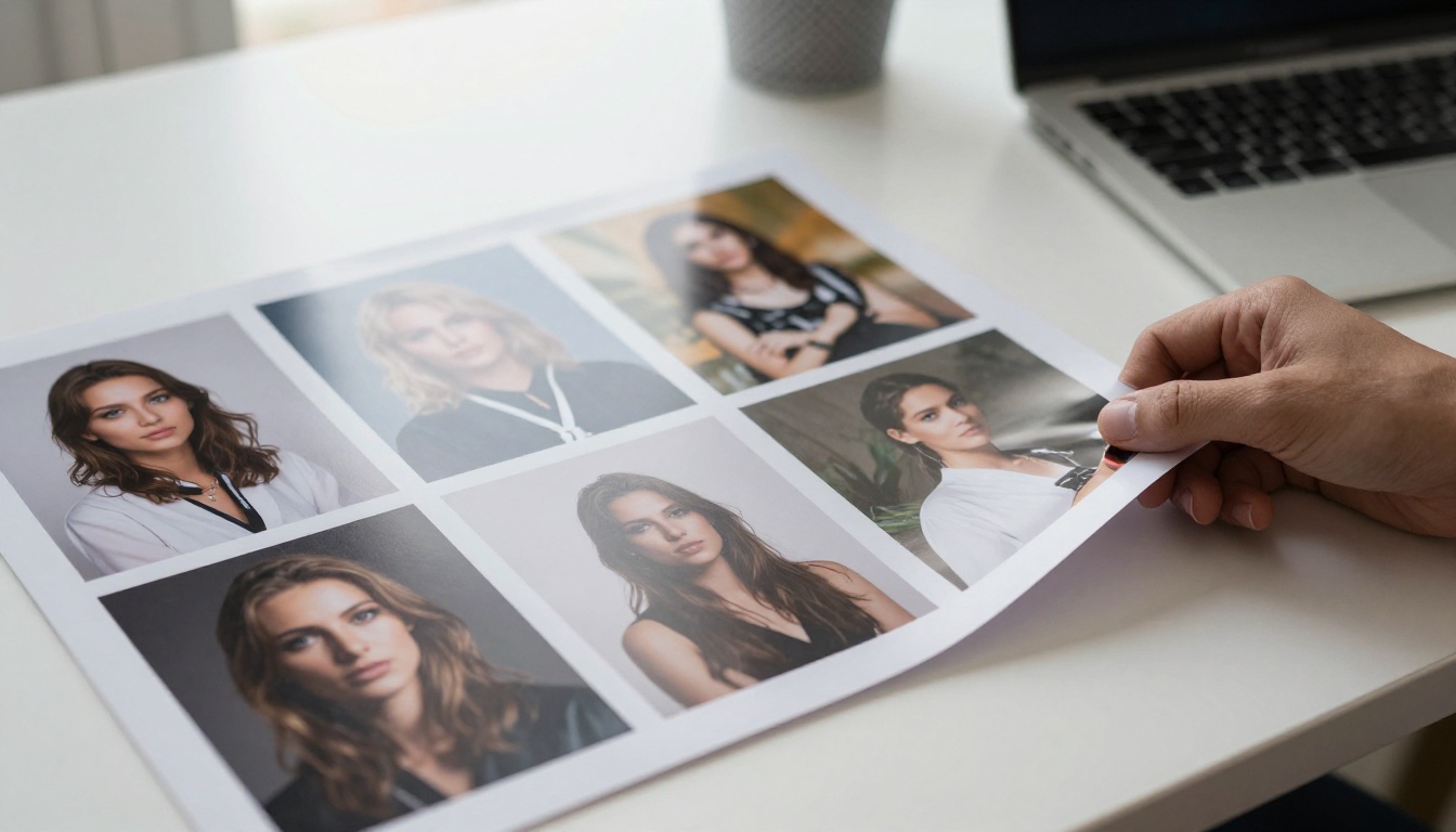 Photographer sliding a print into place beside a laptop on a white table