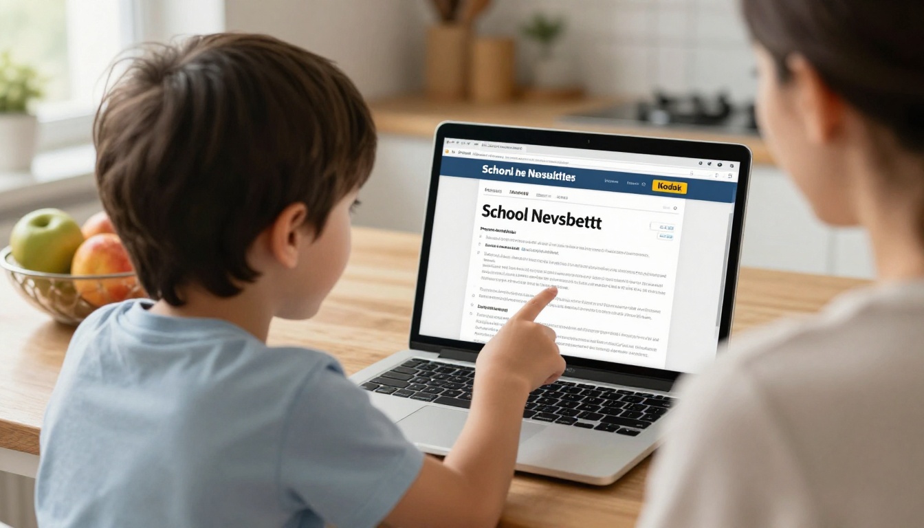 Parent and child looking at a school newsletter on a laptop at a kitchen table
