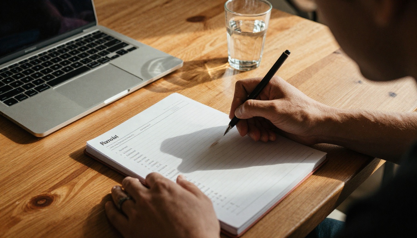 Person troubleshooting a laptop at a kitchen table with a checklist