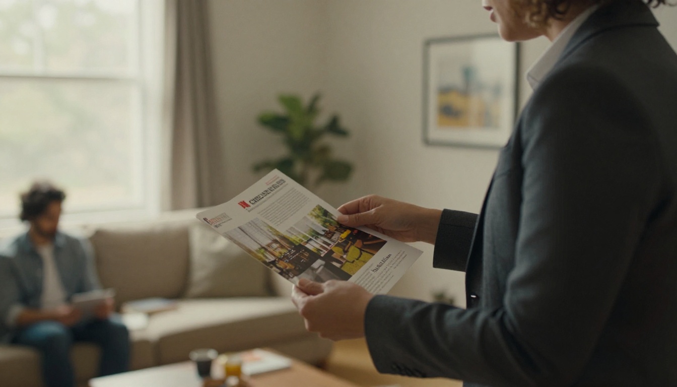 Real estate agent handing a glossy property brochure to a couple in a living room