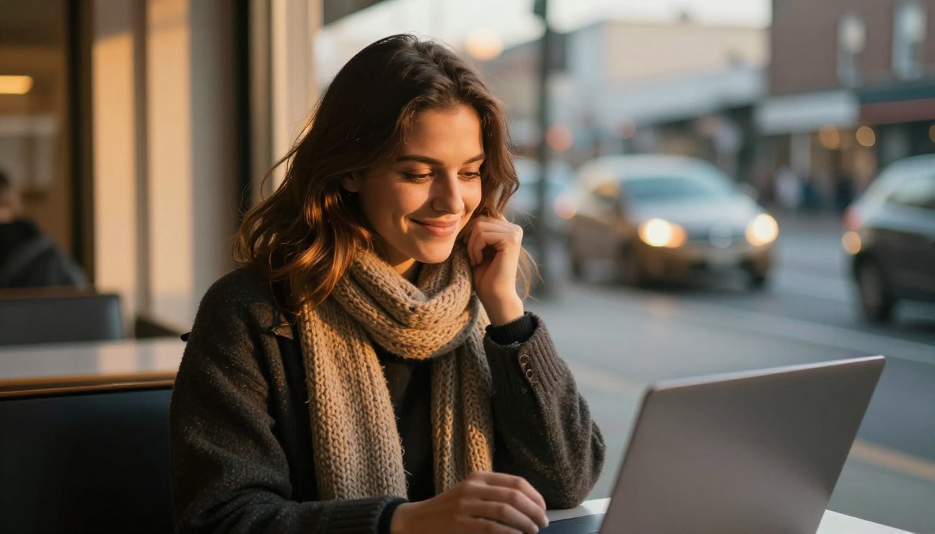 Content creator closing her laptop with a satisfied smile at a window seat