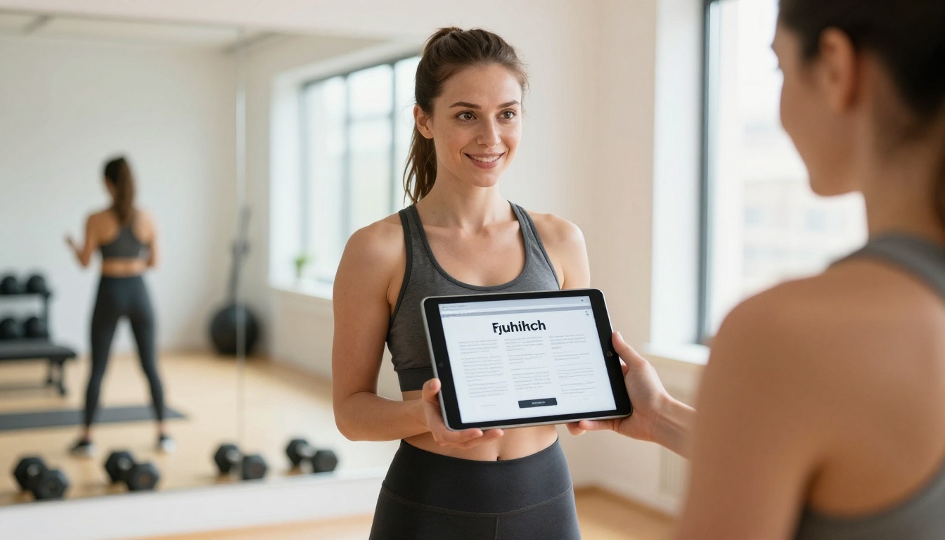 Fitness coach holding a tablet with a digital workout ebook in a bright studio