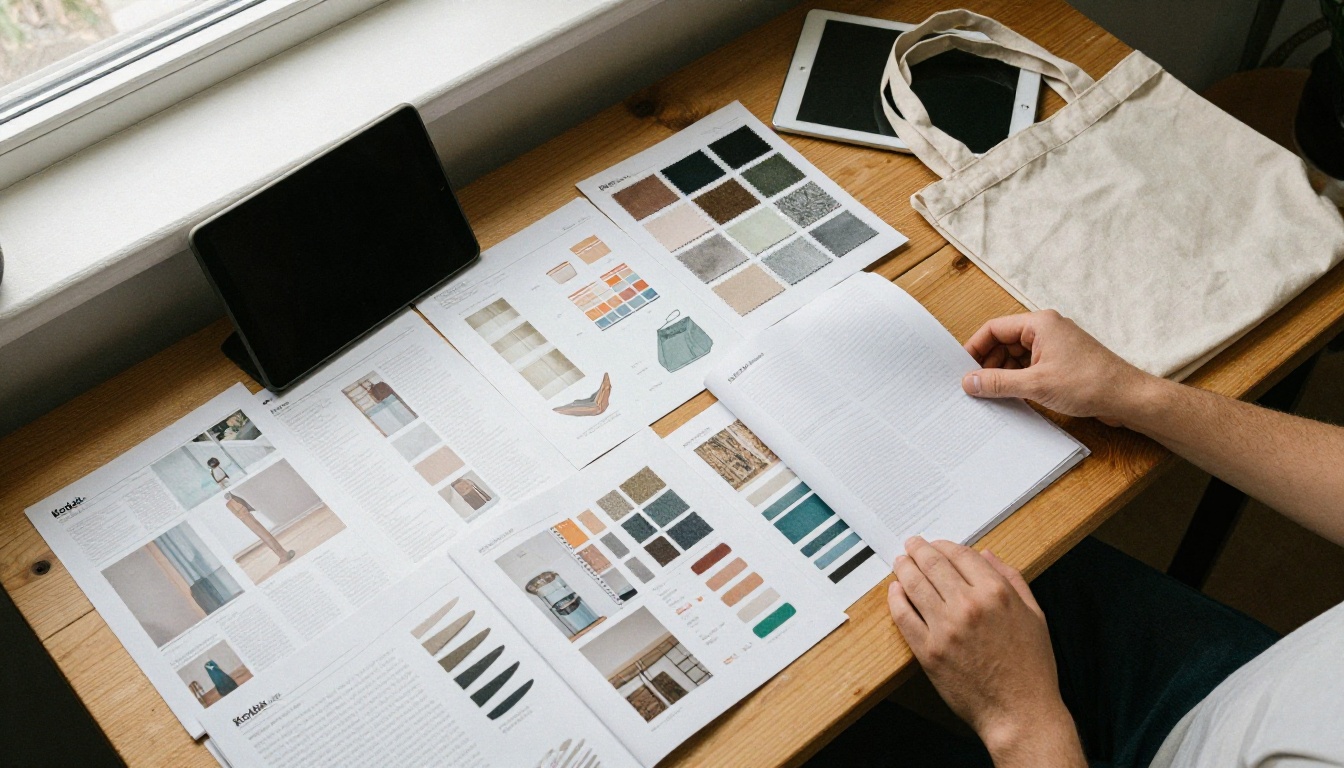 Printed catalogs and fabric samples arranged on a wooden workbench