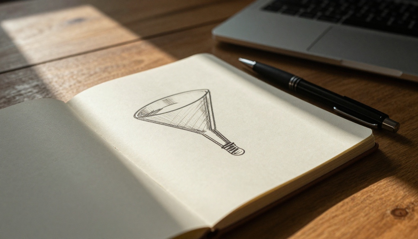 Notebook with a hand-drawn funnel diagram on a wooden table