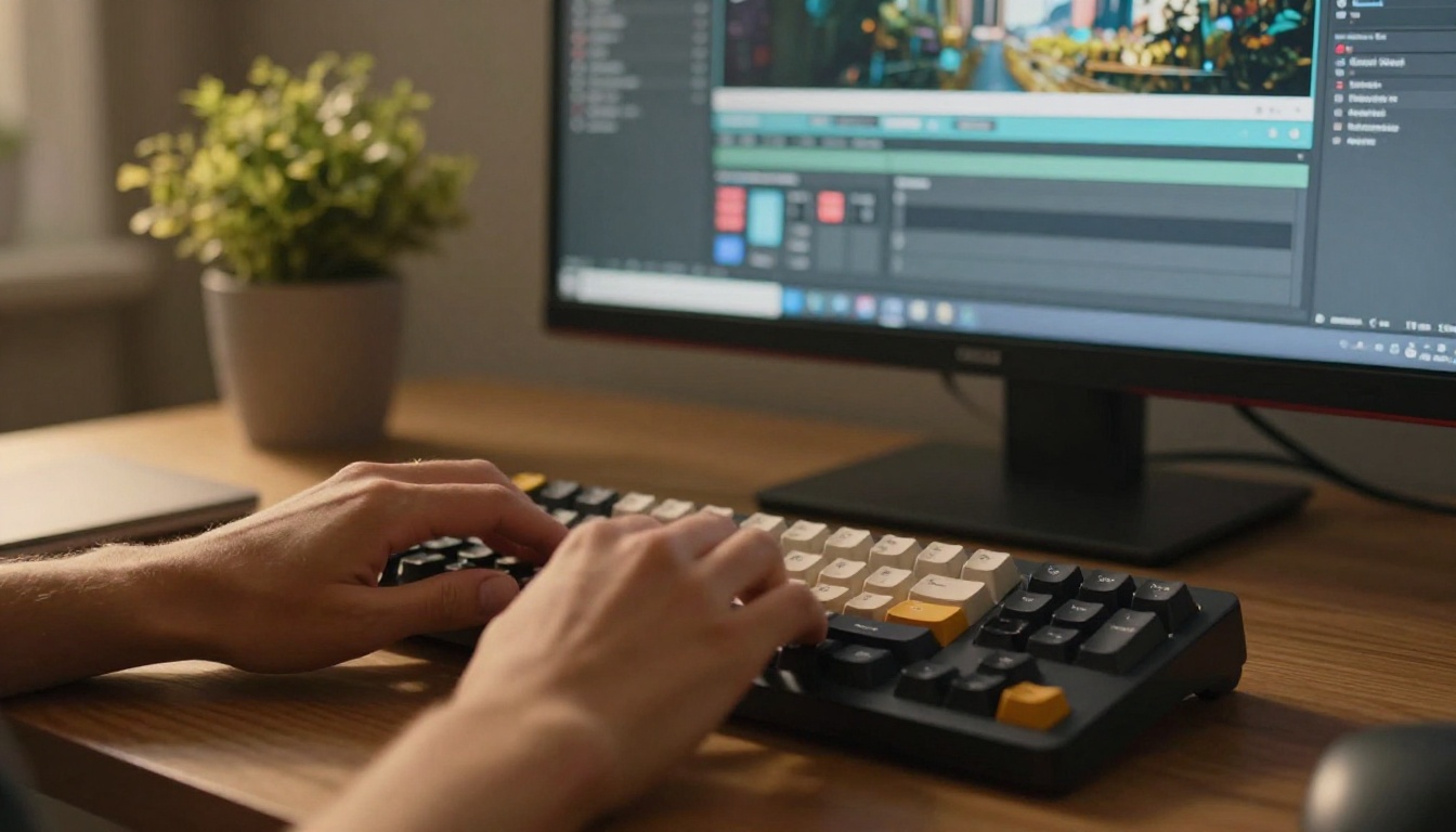 Developer hands typing at a keyboard with a website editor on the monitor