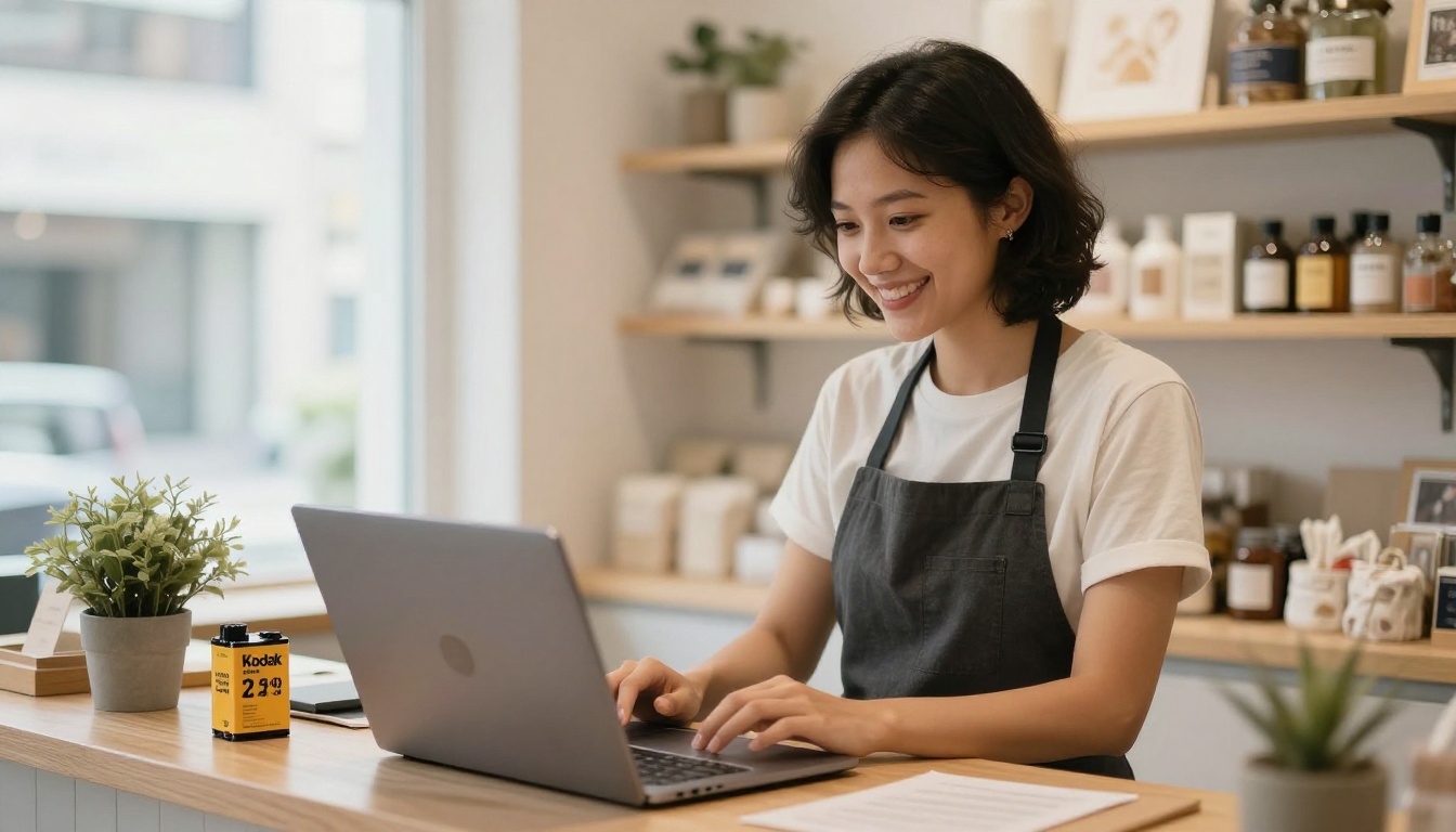 Small business owner checking a laptop at the counter of her boutique shop