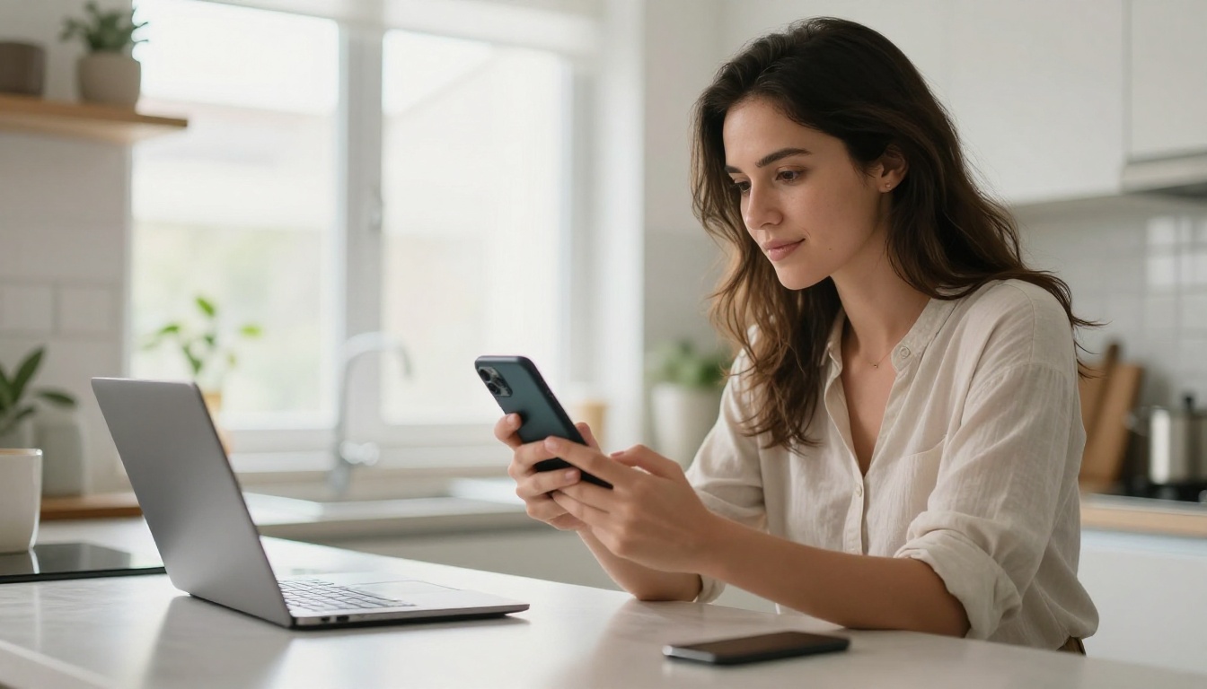 Woman browsing a product page on her phone in a bright kitchen