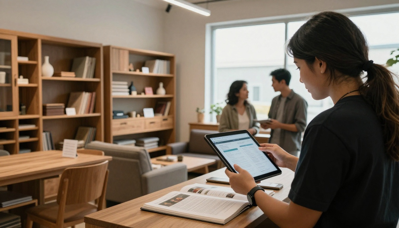Sales clerk showing a tablet catalog to a couple in a furniture showroom