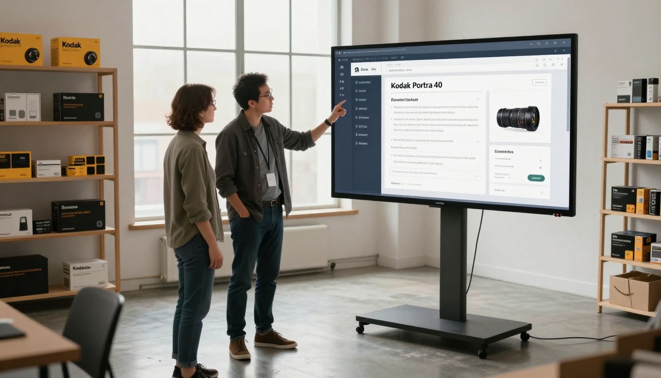 Two colleagues discussing a product listing on a monitor in a bright studio