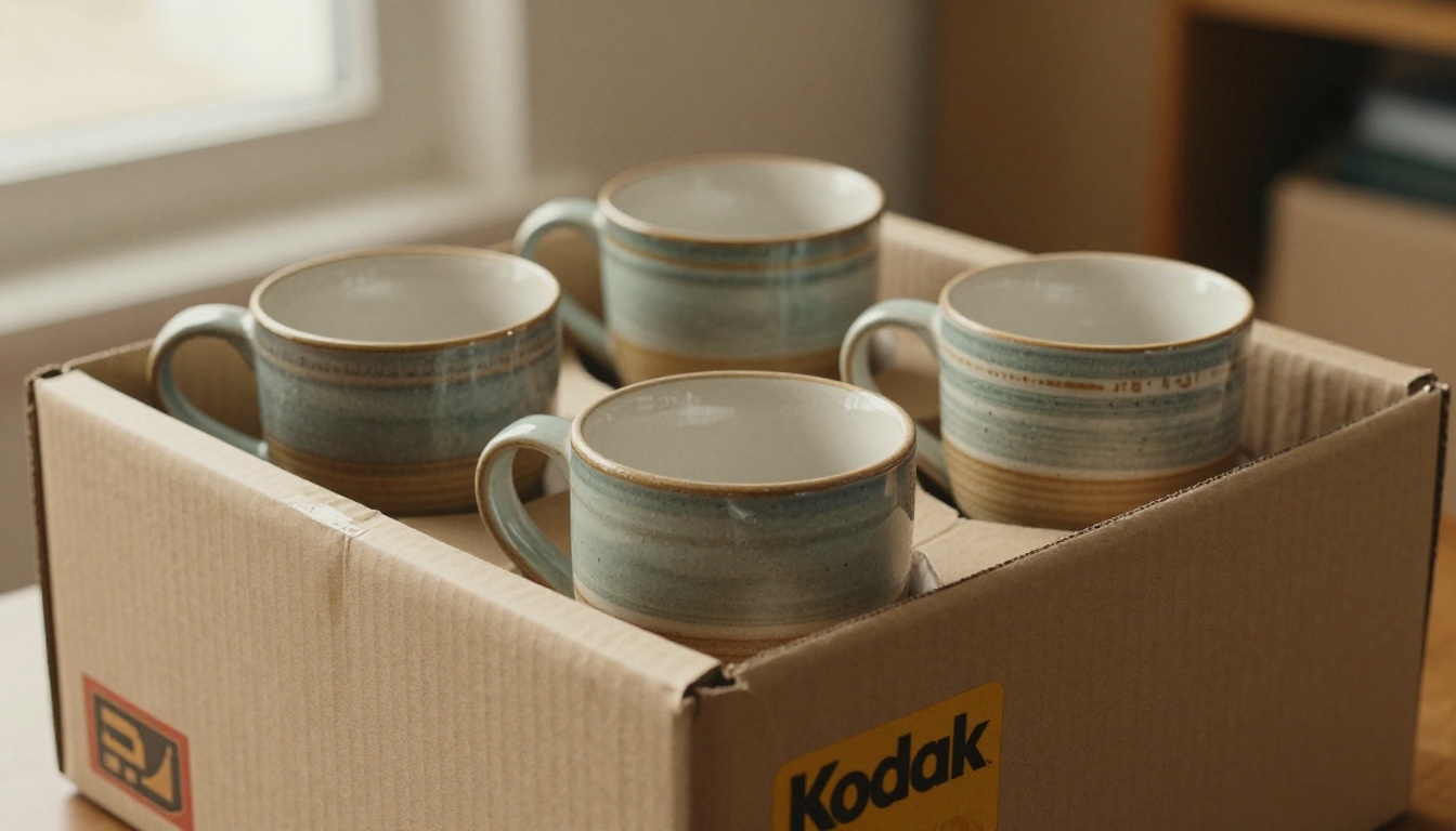Courier packing handmade ceramic mugs into a cardboard box