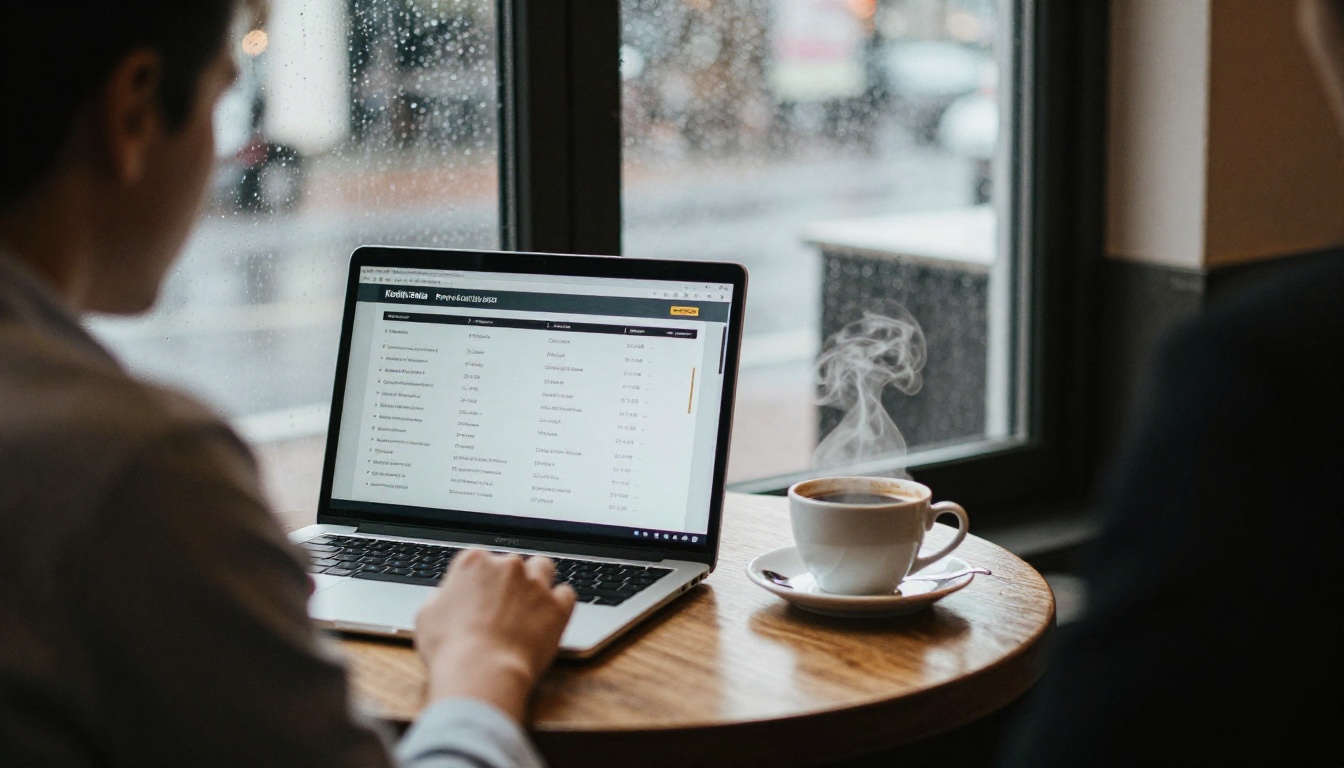 Business owner at a cafe table with a laptop and a printed price list