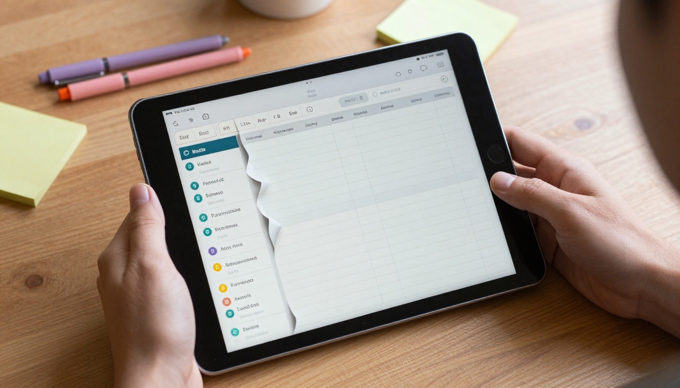 Hands scrolling a digital planner flipbook on a tablet Hands scrolling a digital planner flipbook on a tablet