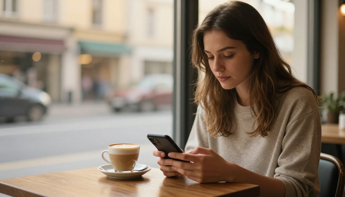 Customer browsing an online shop on a phone at a cafe Customer browsing an online shop on a phone at a cafe