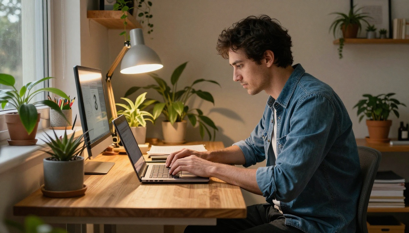 Seller preparing a planner PDF on a laptop at a standing desk Seller preparing a planner PDF on a laptop at a standing desk