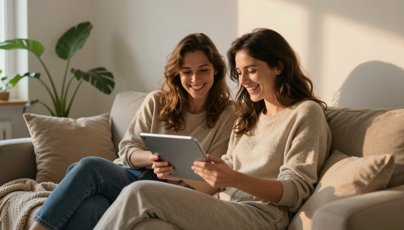 Customers laughing while sharing a tablet on a sofa Customers laughing while sharing a tablet on a sofa