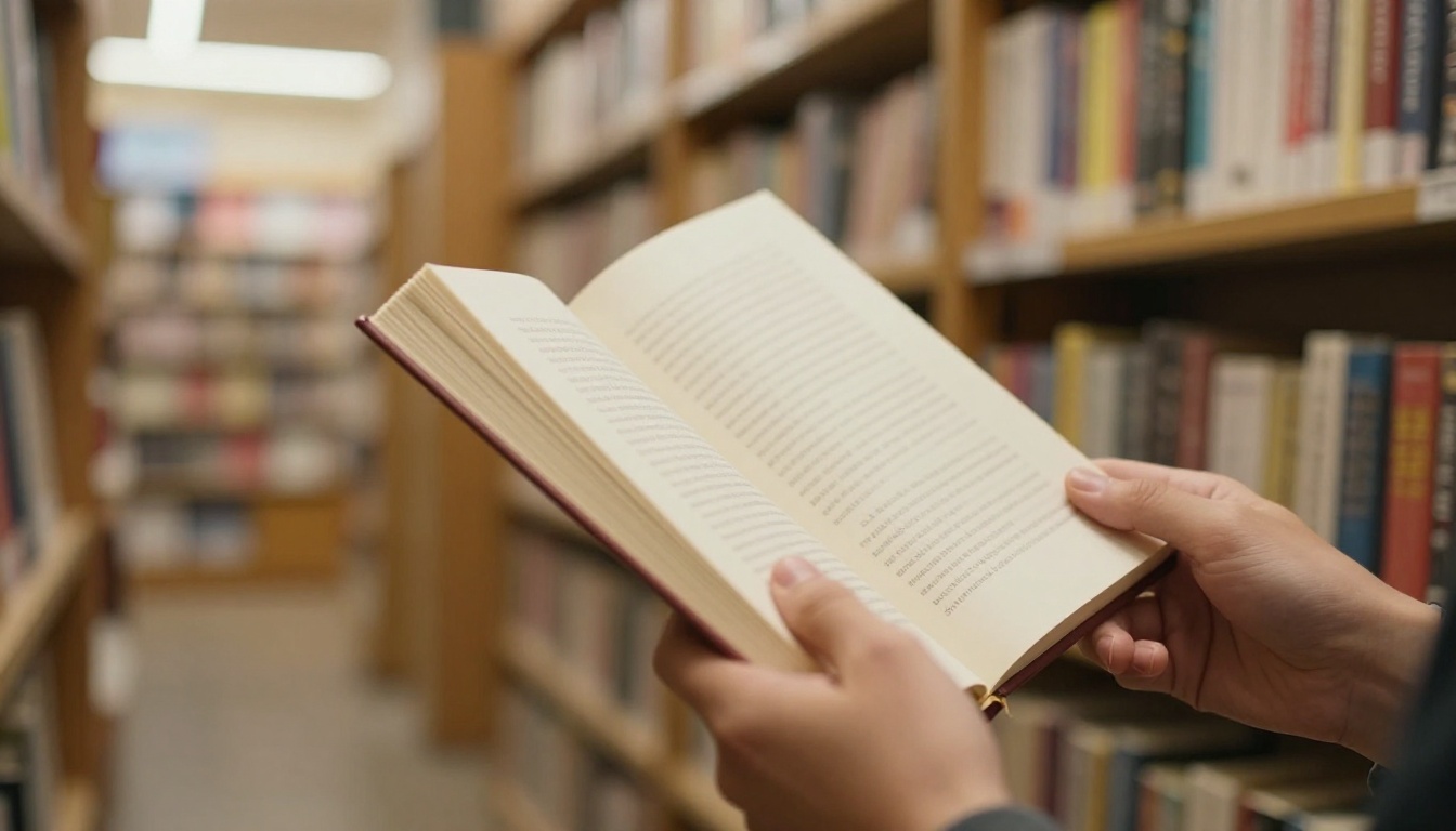 Reader sampling the first pages of a paperback in a bookstore aisle