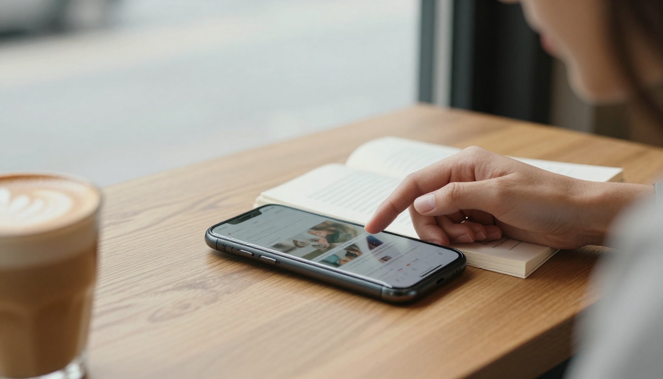 Woman scrolling a book website on a smartphone in a cafe