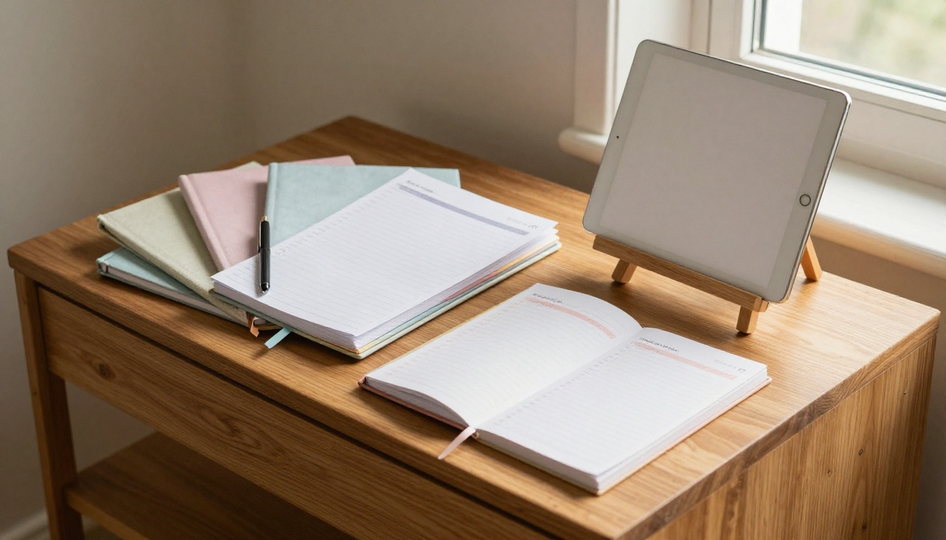 Wooden shelf of printed planners beside a tablet on an easel Wooden shelf of printed planners beside a tablet on an easel