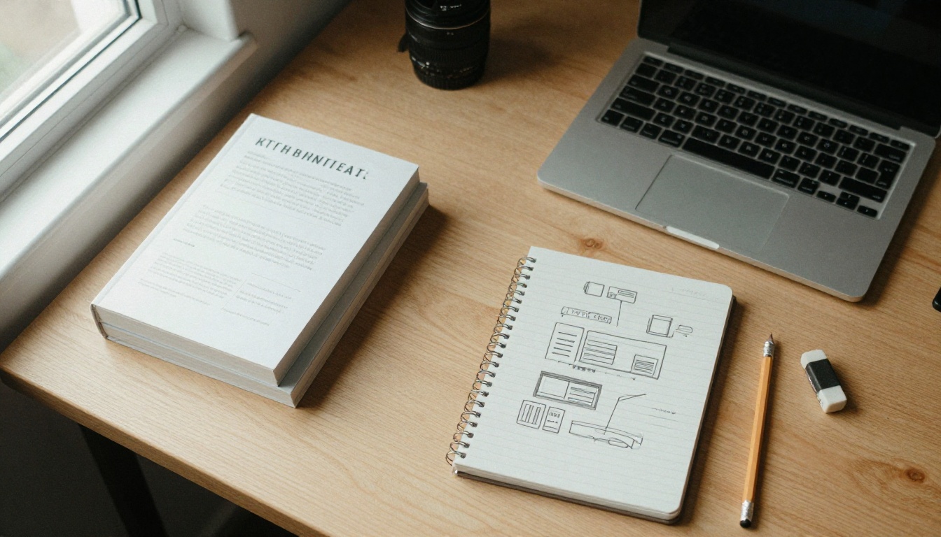 Aerial view of a desk with a laptop, books and a hand-drawn website wireframe