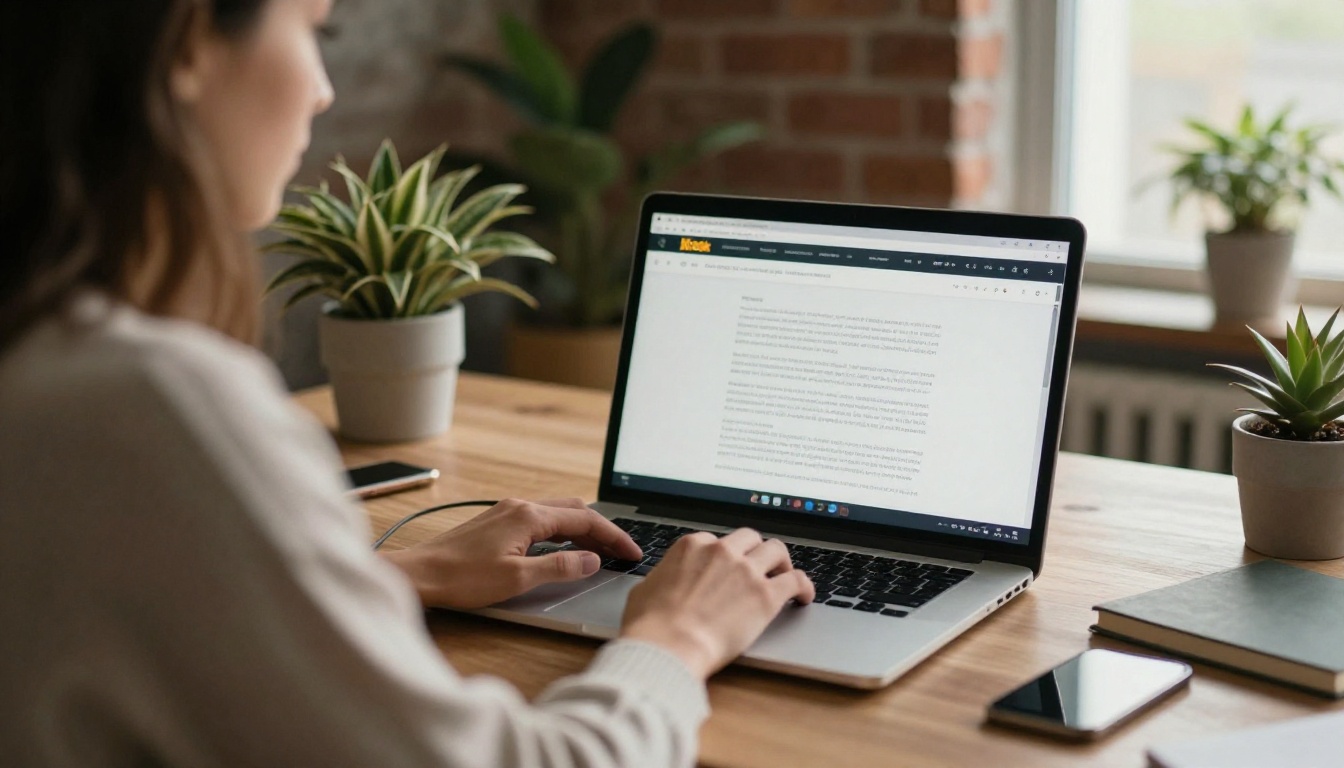 Web designer embedding a book preview on a laptop in a loft studio