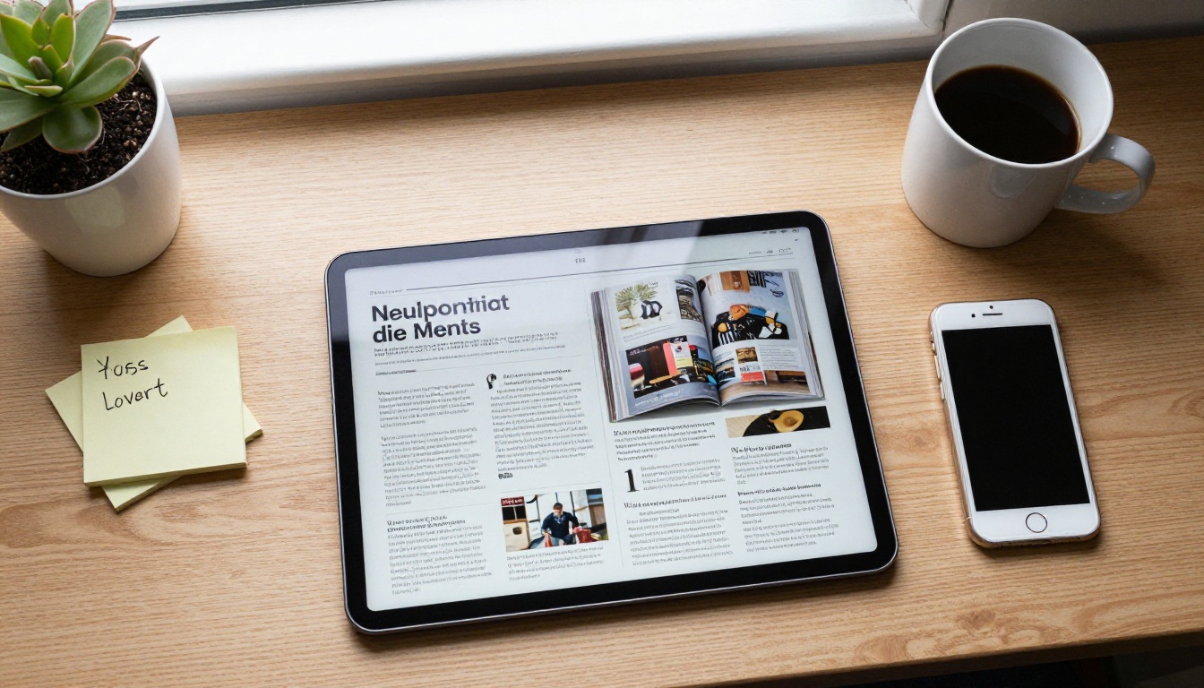 Printed newsletter beside a tablet showing a digital flipbook