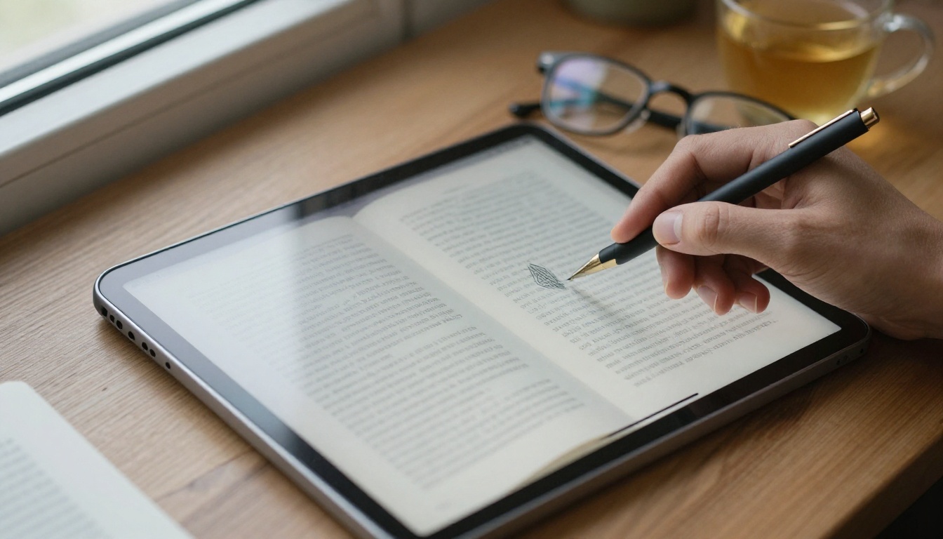 Tablet on a wooden table displaying an open book spread with a hand swiping the screen