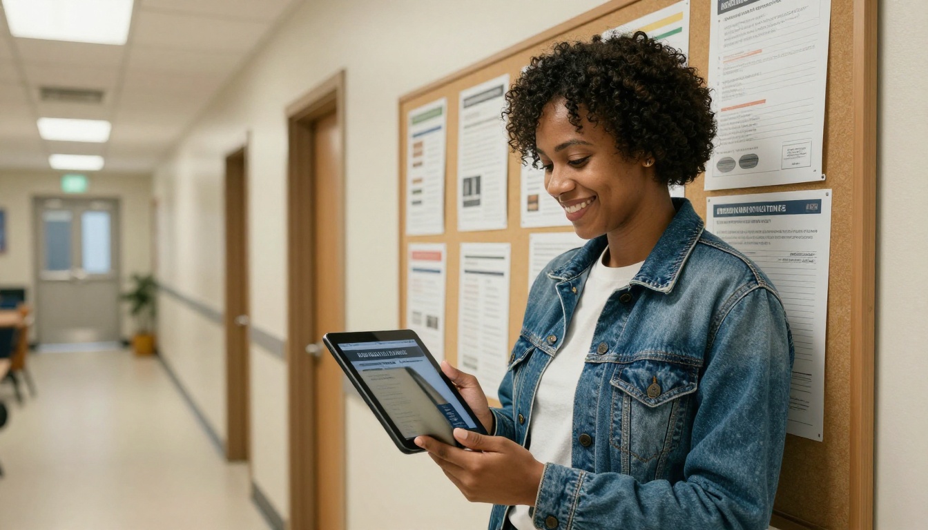 Volunteer coordinator holding a tablet with a digital newsletter