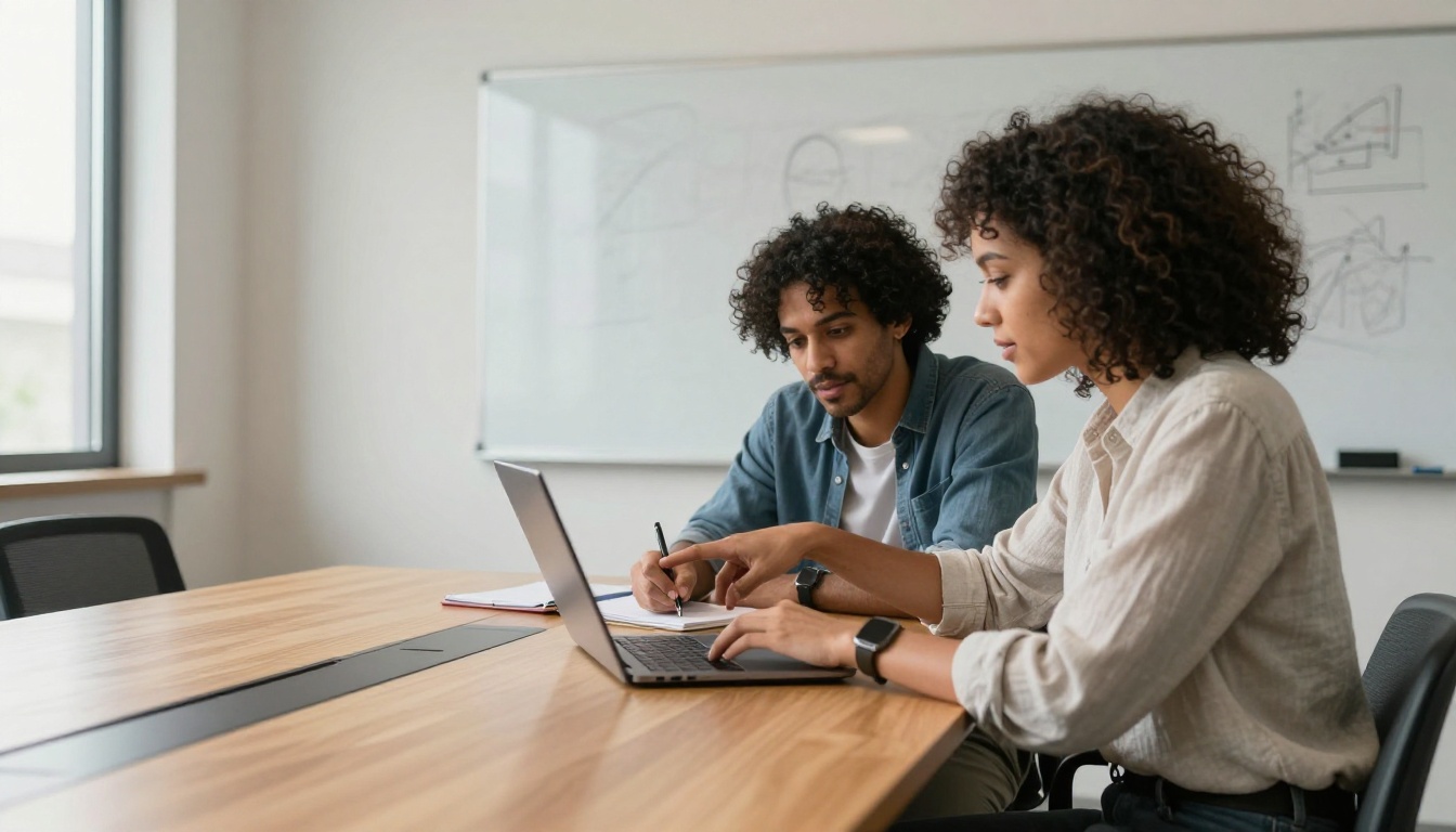 Two colleagues reviewing a newsletter email together