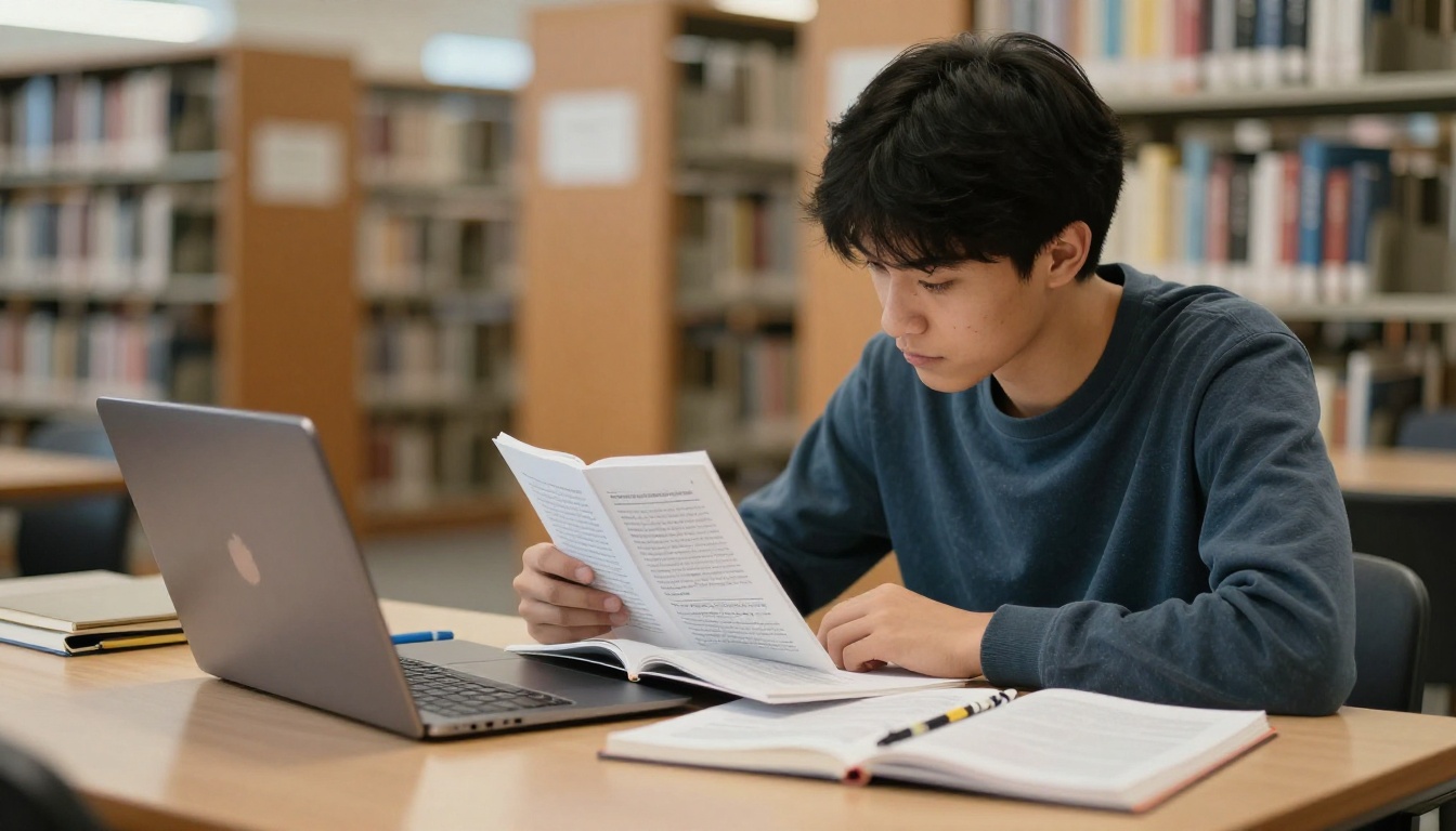 Student reading a course flipbook at a library table Student reading a course flipbook at a library table