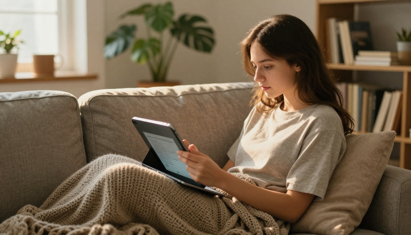 Student reading an interactive workbook on a tablet at home
