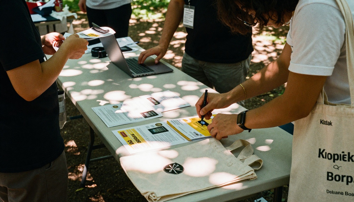 Fundraising event volunteers with printed flyers and a laptop