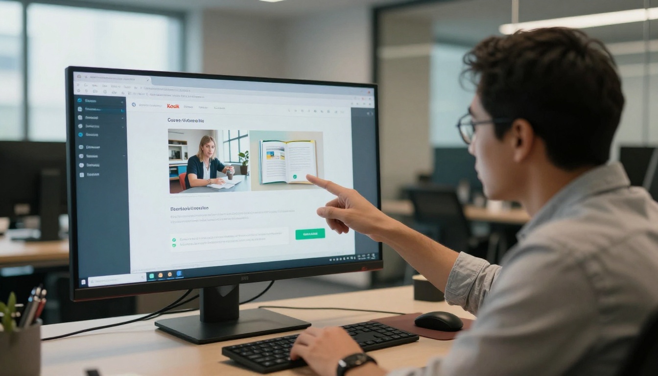 Instructional designer pointing at a monitor with an embedded publication Instructional designer pointing at a monitor with an embedded publication