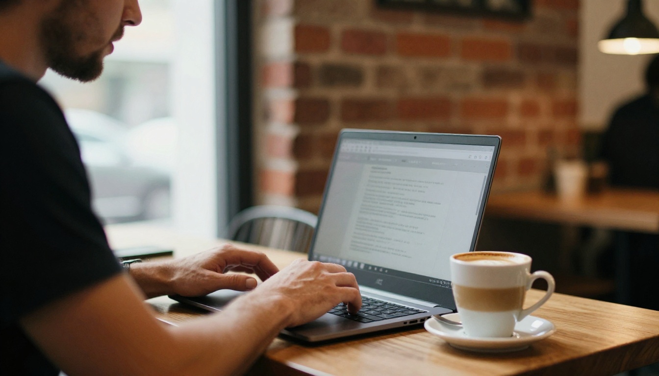 Small business owner sending a newsletter from a cafe