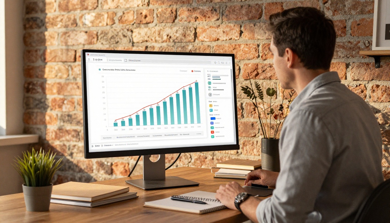 Coach reviewing activity charts on a monitor in a loft office