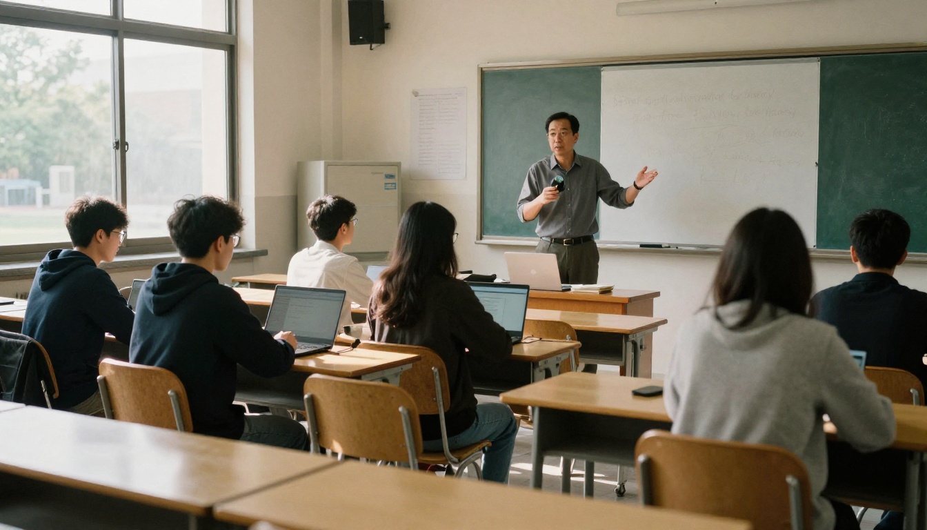 Small university classroom with students using laptops Small university classroom with students using laptops