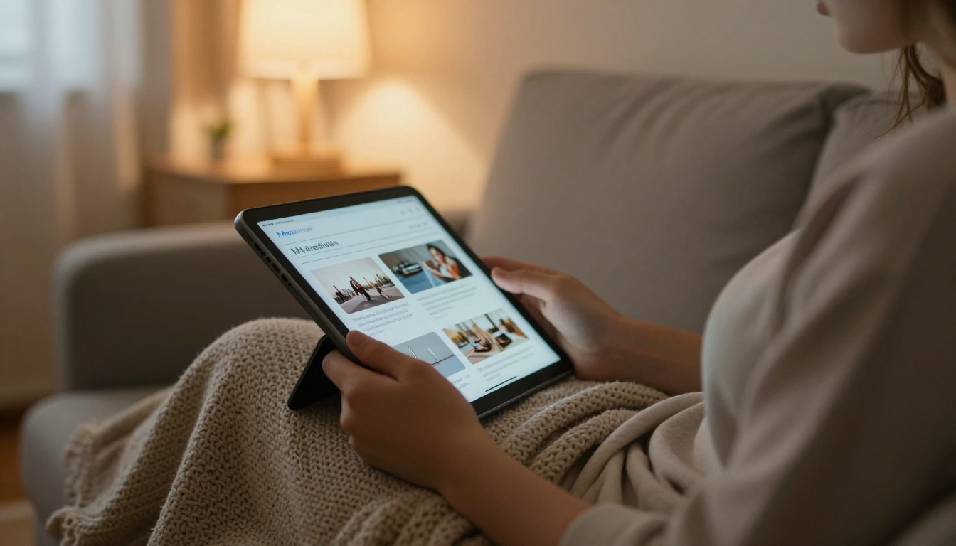 Student reading on a tablet at home on a sofa Student reading on a tablet at home on a sofa