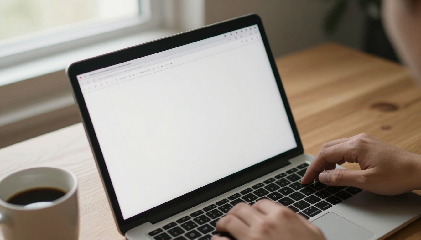 Laptop on a wooden desk with a blank page layout open