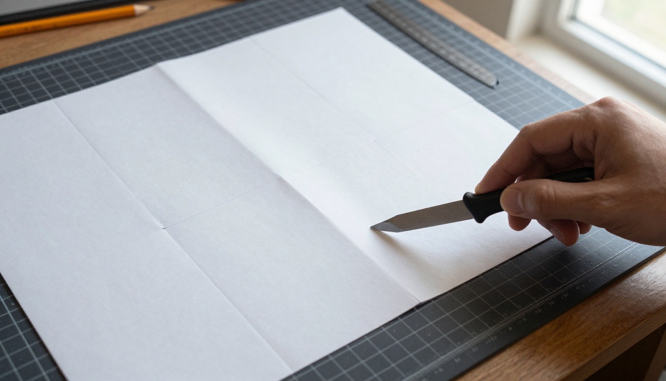 Overhead view of paper folded into eight panels and being cut