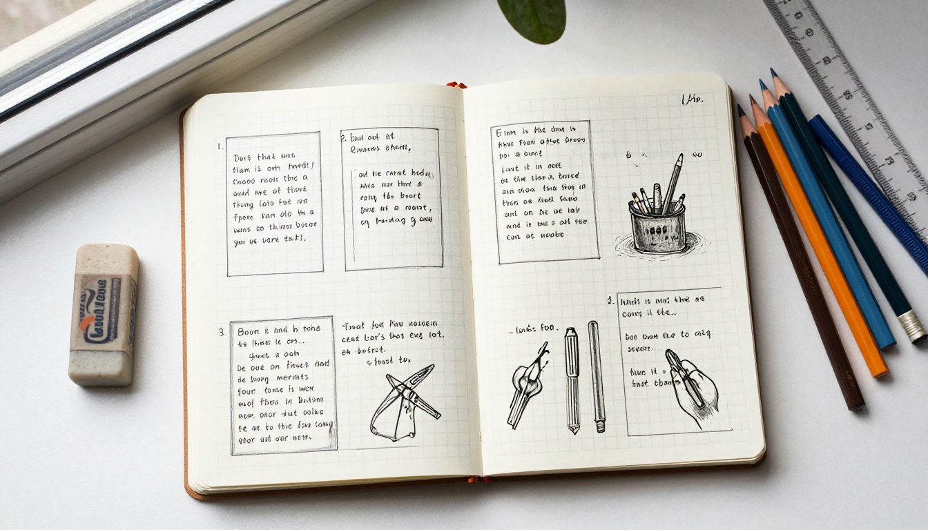 Pencil thumbnail sketches of zine page layouts beside a ruler