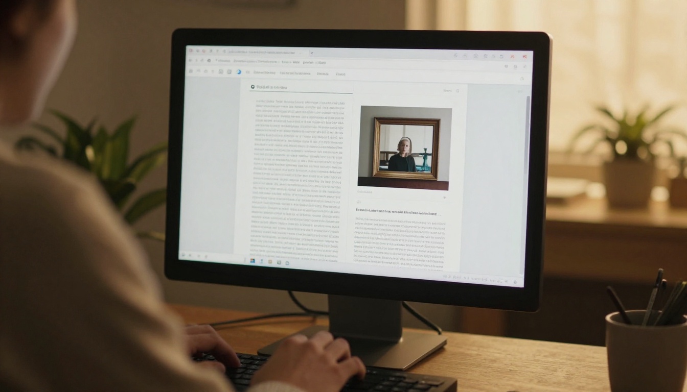 Over-the-shoulder view of text frames being placed on a monitor