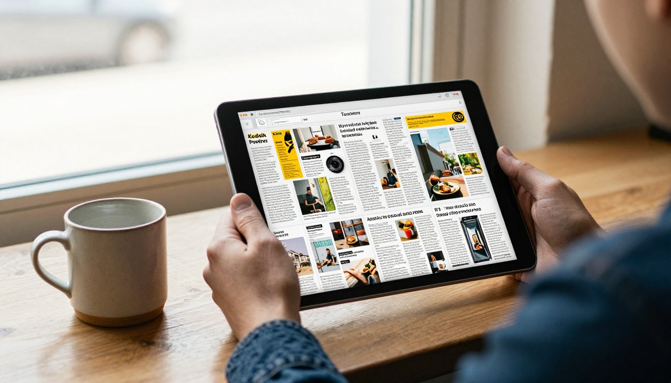 Person reading a digital flipbook of a magazine spread on a tablet