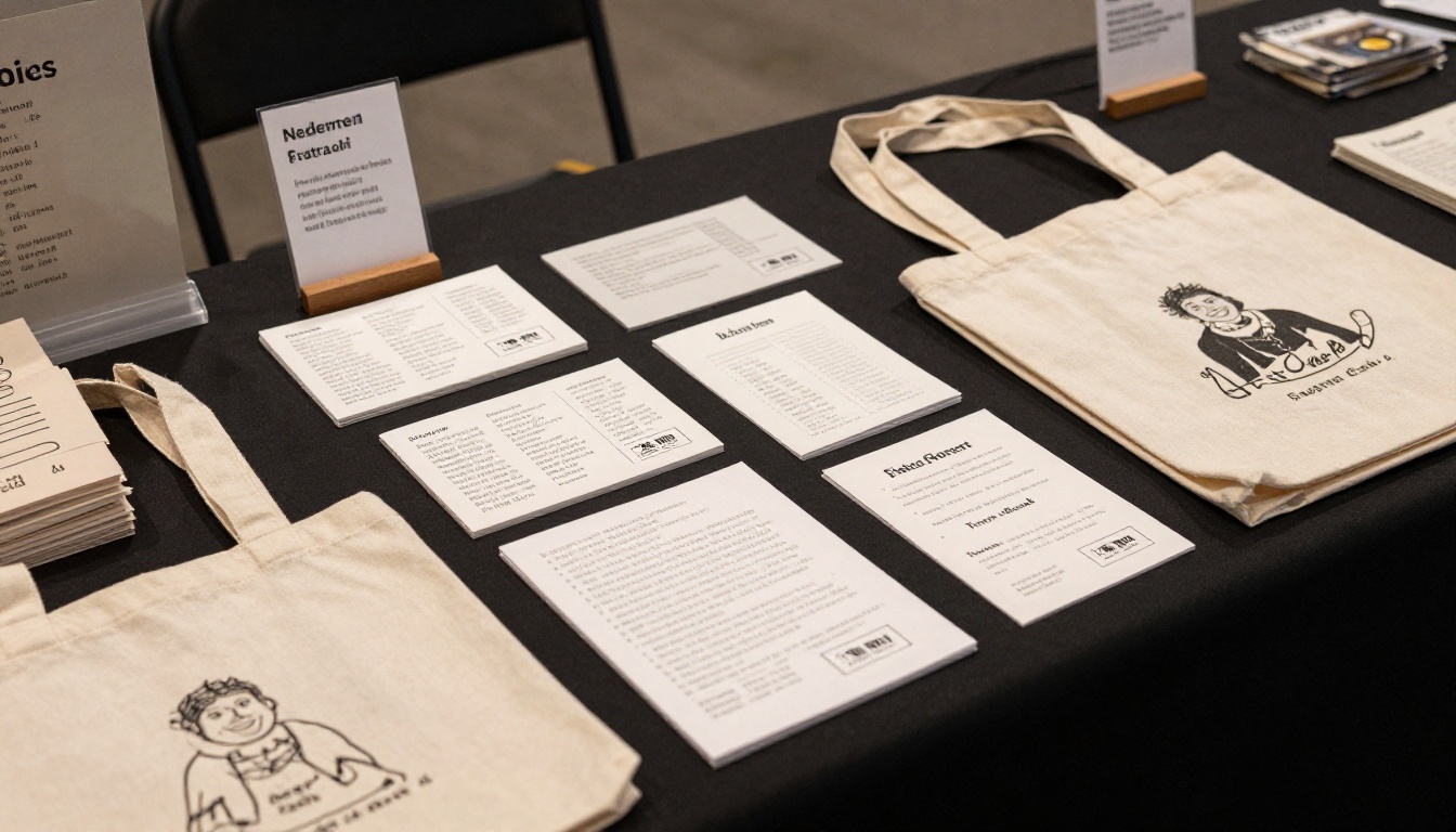 Zine fair table with neatly arranged handmade zines and price cards