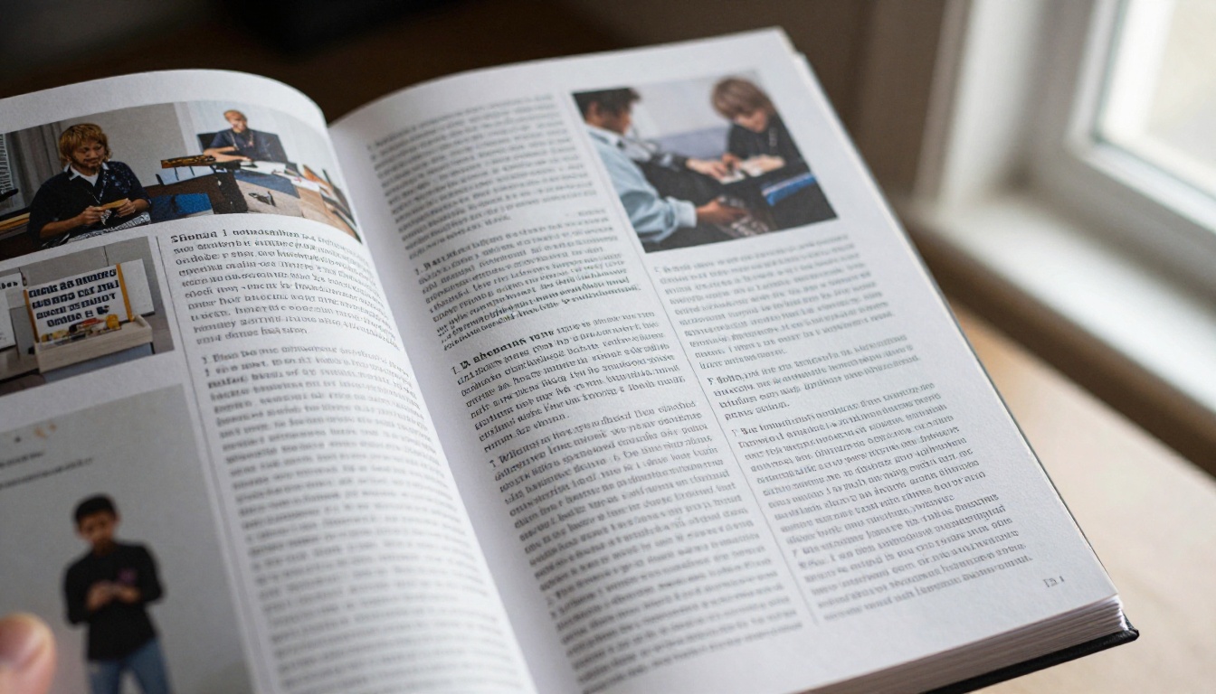 Close-up of a finished zine opened to a spread with photos and text columns
