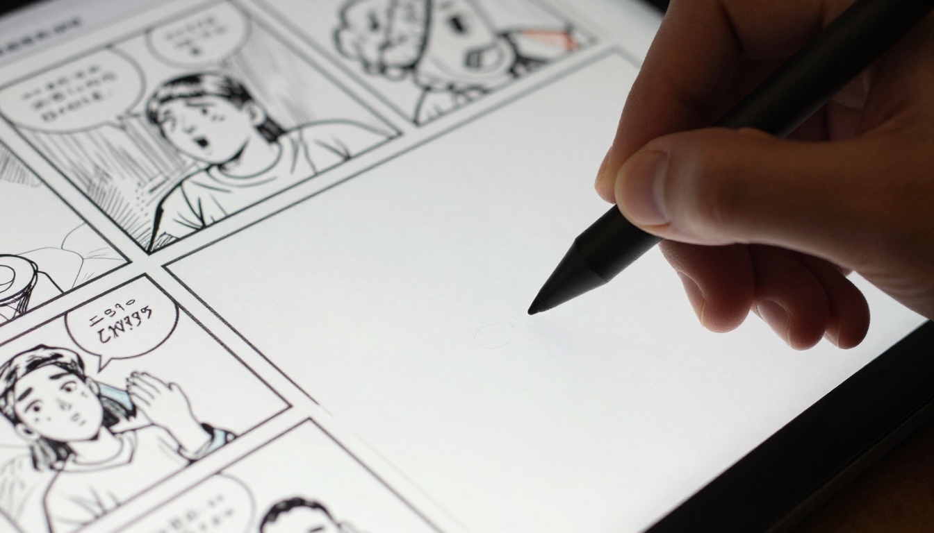 Comic artist working at a pen display in a sunlit studio Comic artist working at a pen display in a sunlit studio