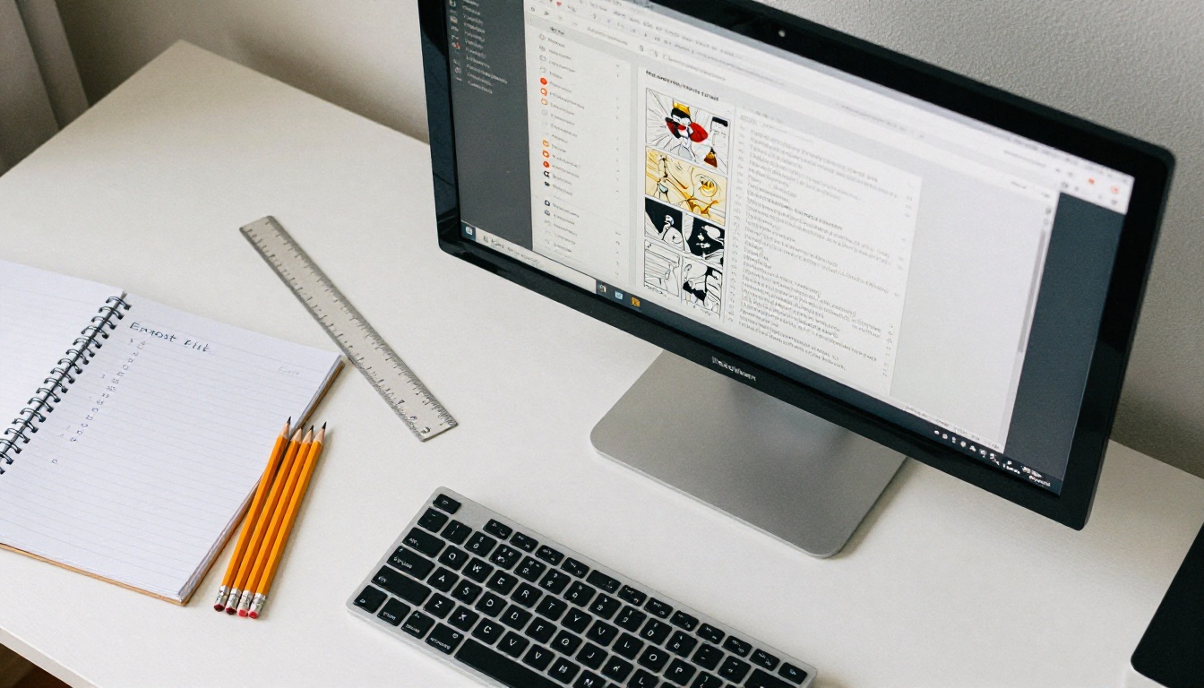 Overhead view of a desk with a monitor, notebook checklist and pencils Overhead view of a desk with a monitor, notebook checklist and pencils