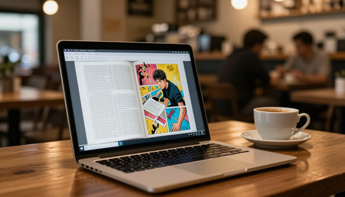 Man reading a comic flipbook on a laptop in a cafe Man reading a comic flipbook on a laptop in a cafe