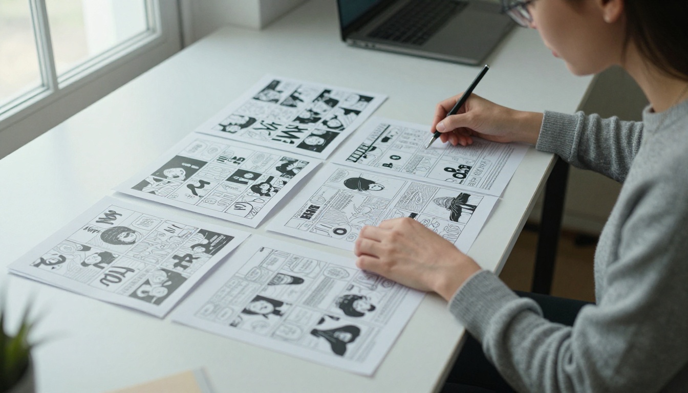 Woman checking printed comic page proofs laid out in a row Woman checking printed comic page proofs laid out in a row