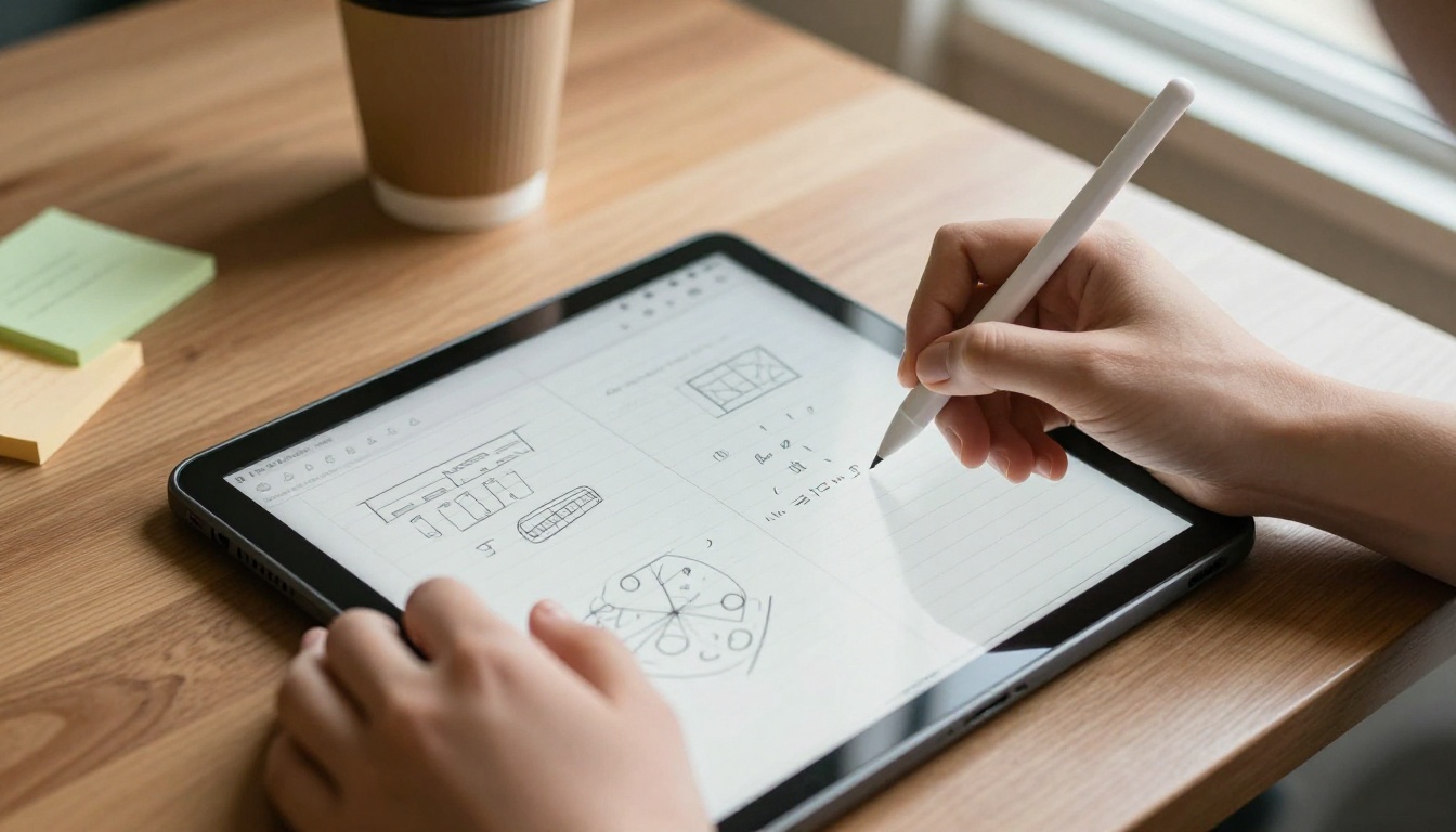 A student writing in a digital notebook on a tablet at a wooden desk A student writing in a digital notebook on a tablet at a wooden desk