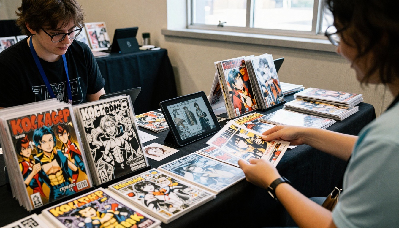 Indie comic convention booth with printed comics and a tablet Indie comic convention booth with printed comics and a tablet